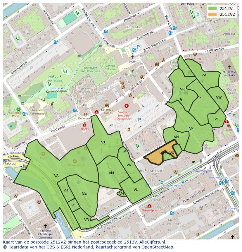 Afbeelding van het postcodegebied 2512 VZ op de kaart.