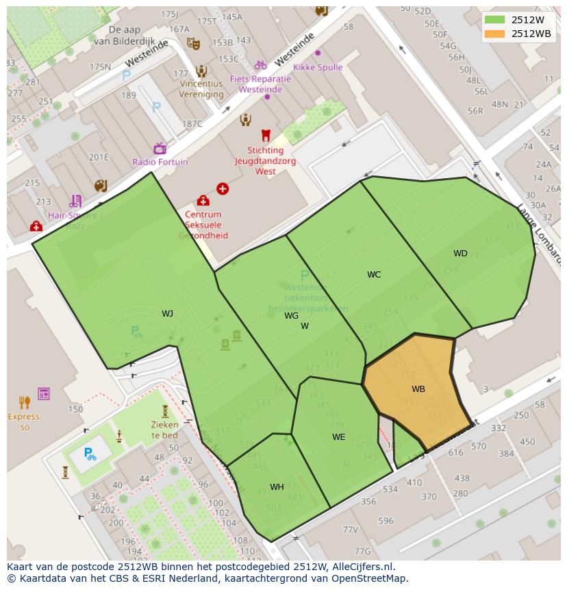 Afbeelding van het postcodegebied 2512 WB op de kaart.