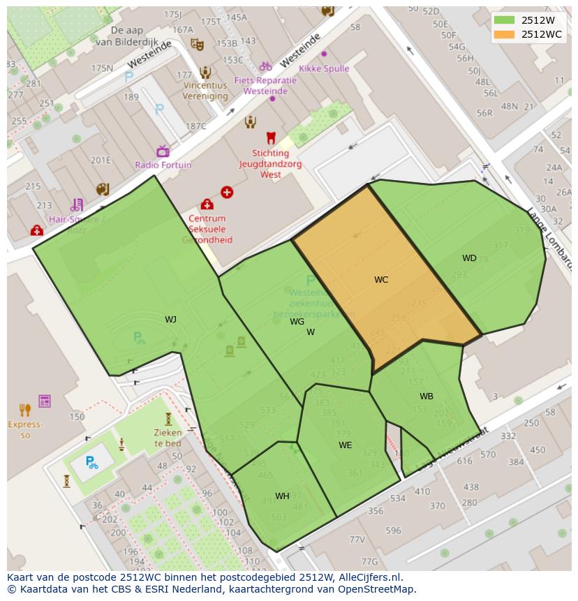 Afbeelding van het postcodegebied 2512 WC op de kaart.