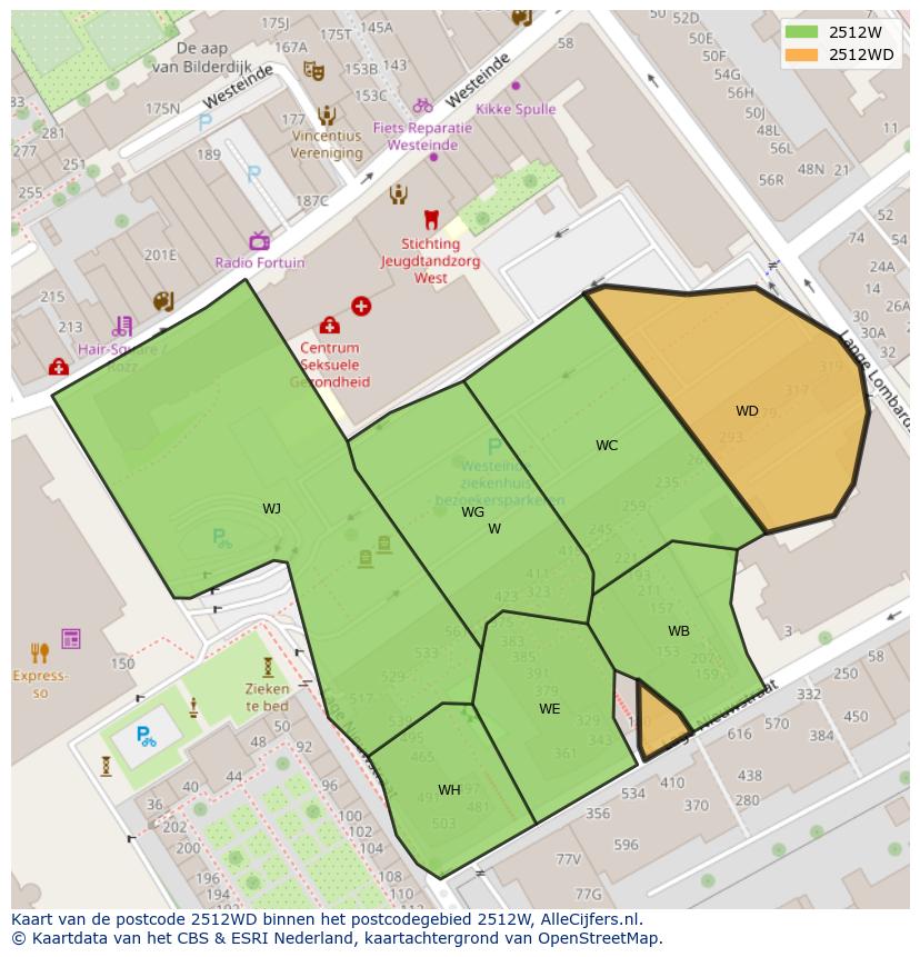 Afbeelding van het postcodegebied 2512 WD op de kaart.