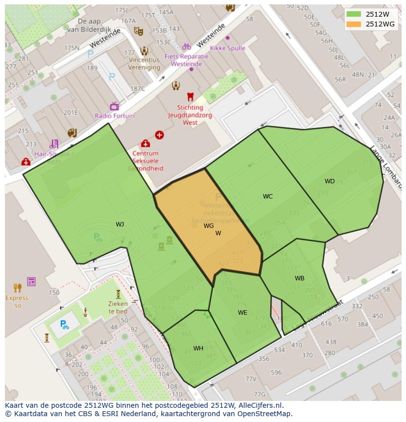 Afbeelding van het postcodegebied 2512 WG op de kaart.