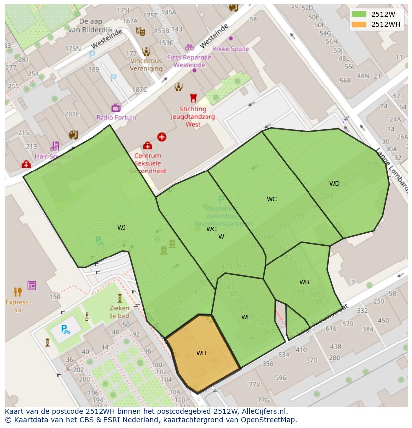 Afbeelding van het postcodegebied 2512 WH op de kaart.