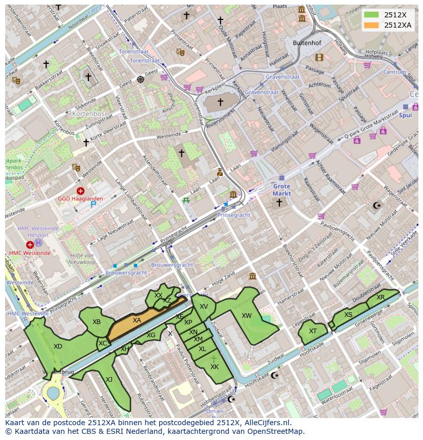 Afbeelding van het postcodegebied 2512 XA op de kaart.