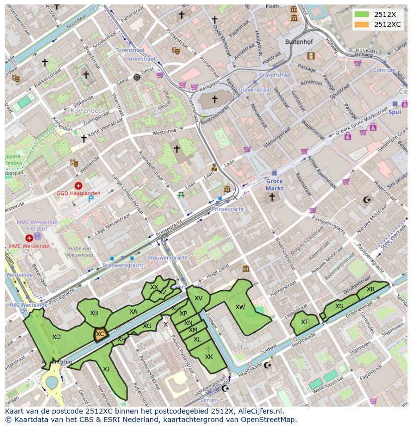 Afbeelding van het postcodegebied 2512 XC op de kaart.