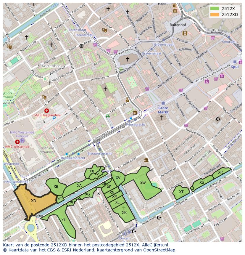 Afbeelding van het postcodegebied 2512 XD op de kaart.