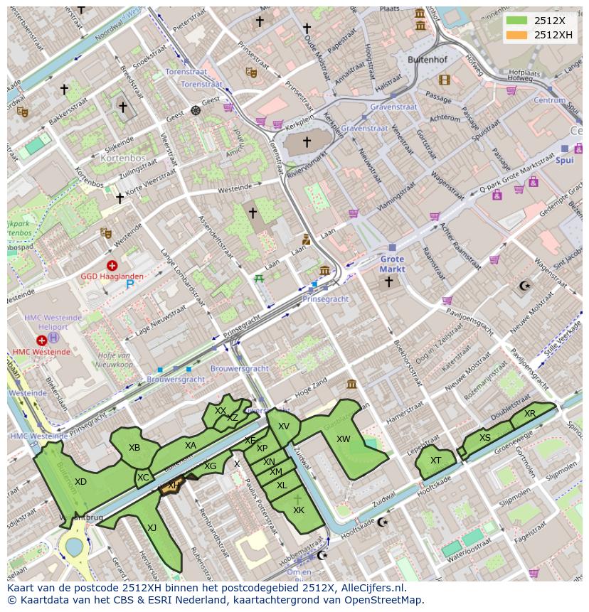 Afbeelding van het postcodegebied 2512 XH op de kaart.