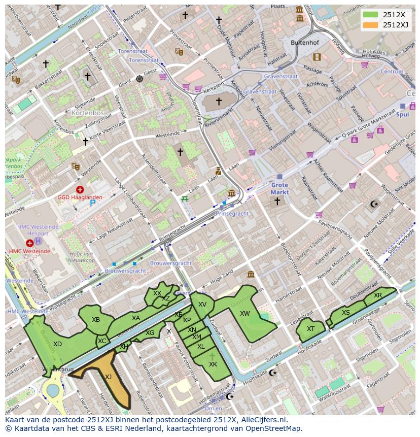 Afbeelding van het postcodegebied 2512 XJ op de kaart.