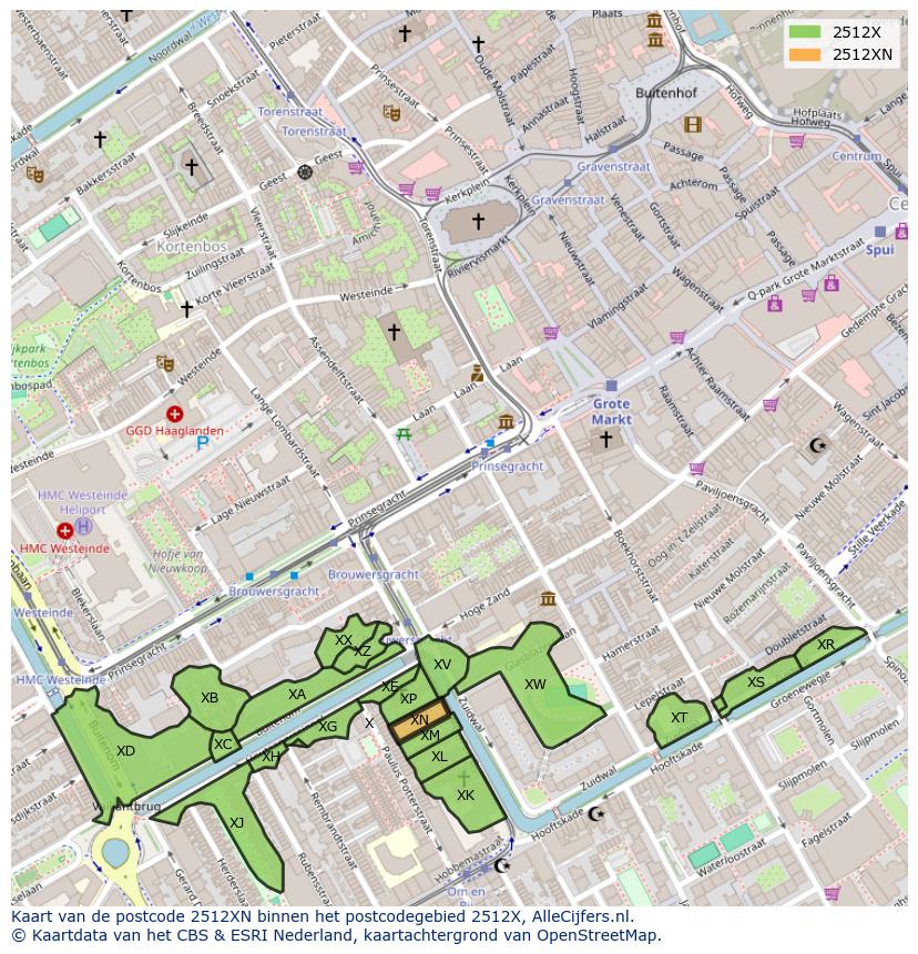Afbeelding van het postcodegebied 2512 XN op de kaart.