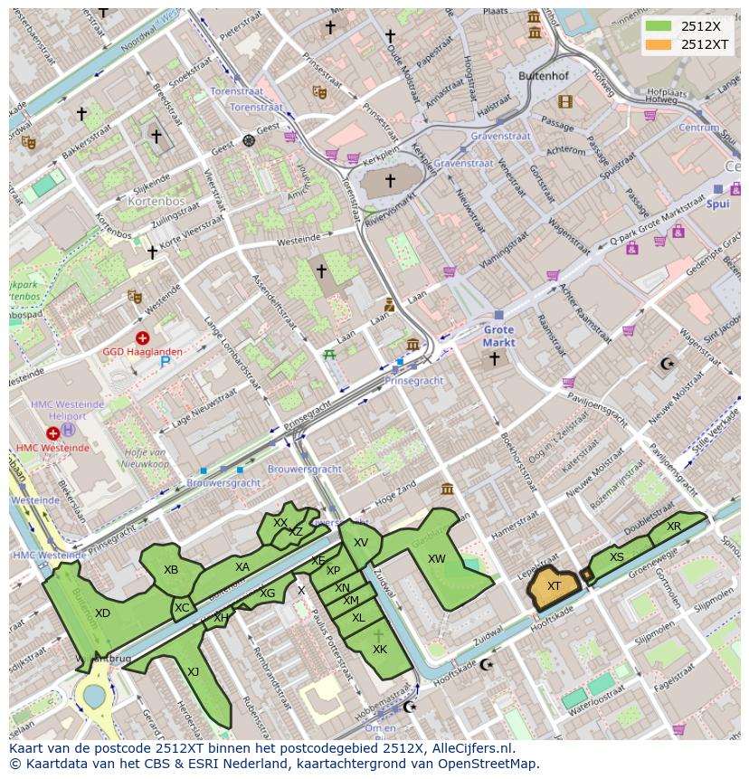 Afbeelding van het postcodegebied 2512 XT op de kaart.