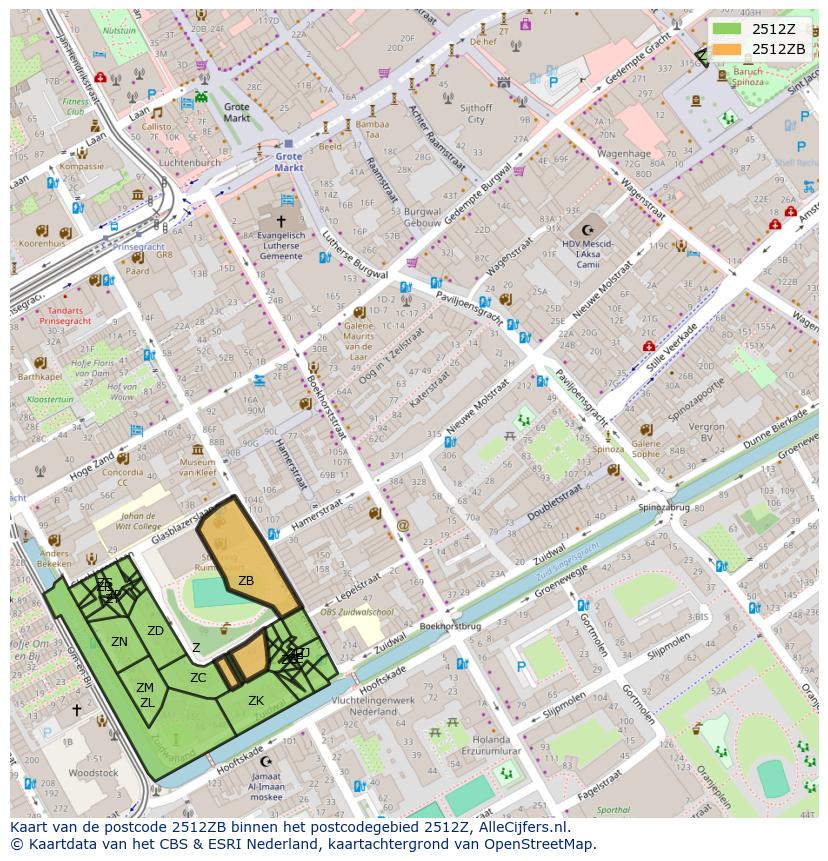 Afbeelding van het postcodegebied 2512 ZB op de kaart.