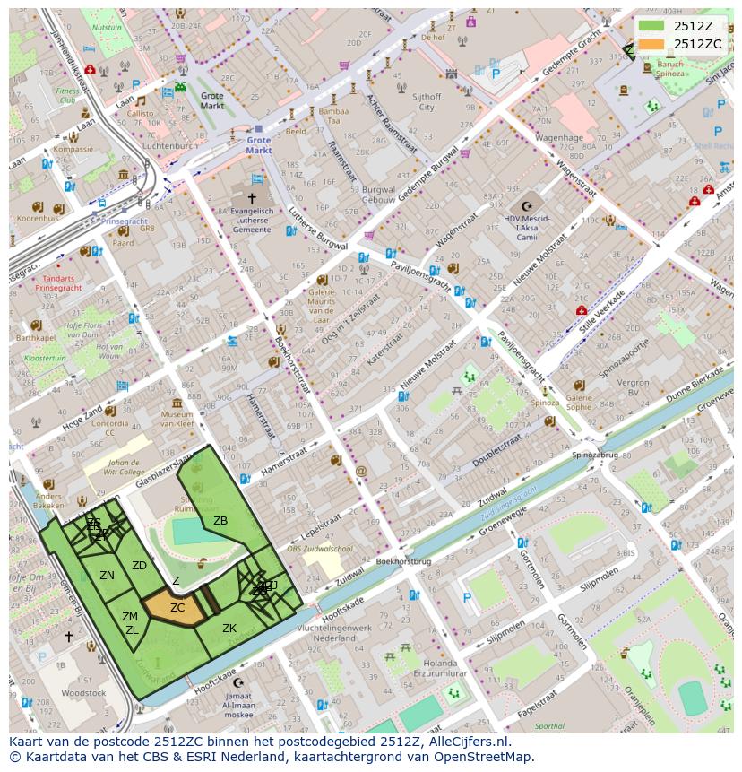 Afbeelding van het postcodegebied 2512 ZC op de kaart.