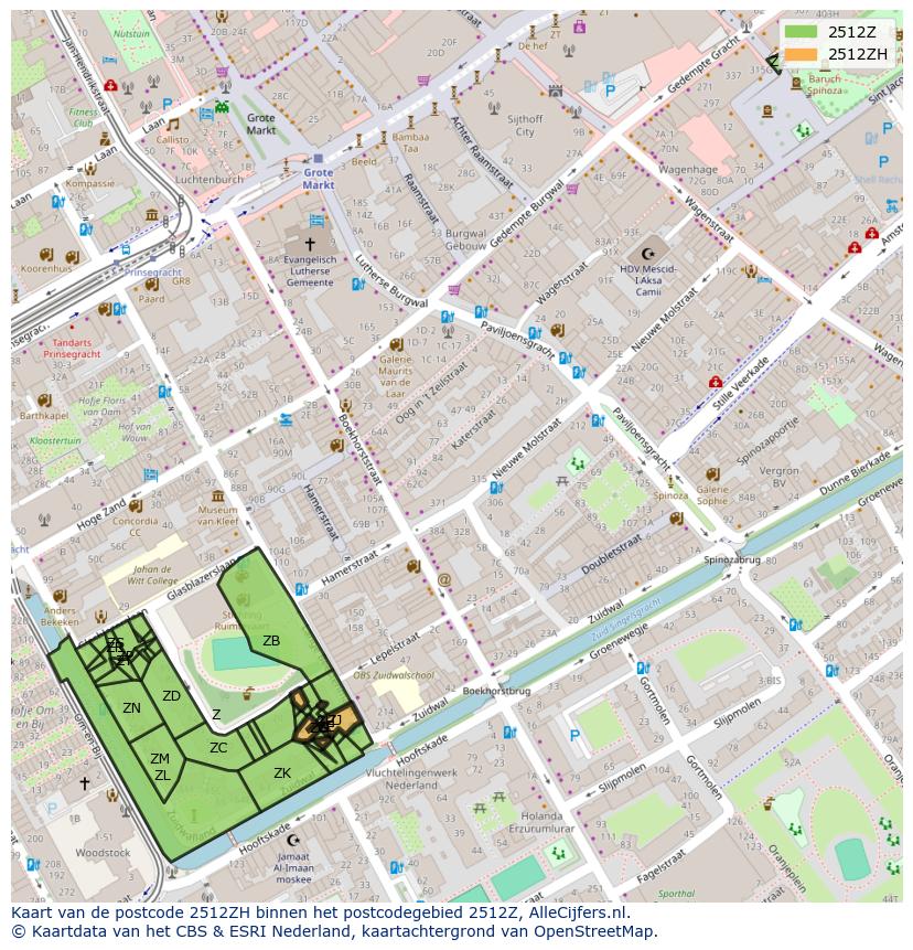 Afbeelding van het postcodegebied 2512 ZH op de kaart.
