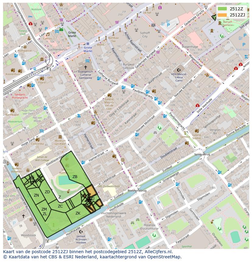 Afbeelding van het postcodegebied 2512 ZJ op de kaart.