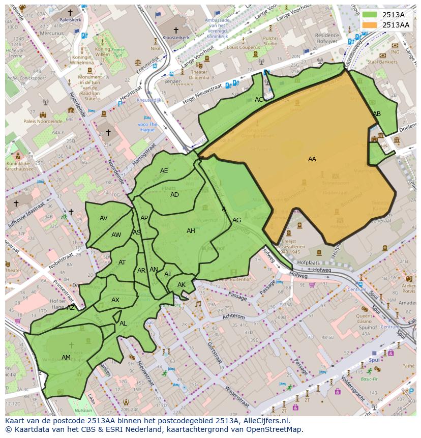 Afbeelding van het postcodegebied 2513 AA op de kaart.