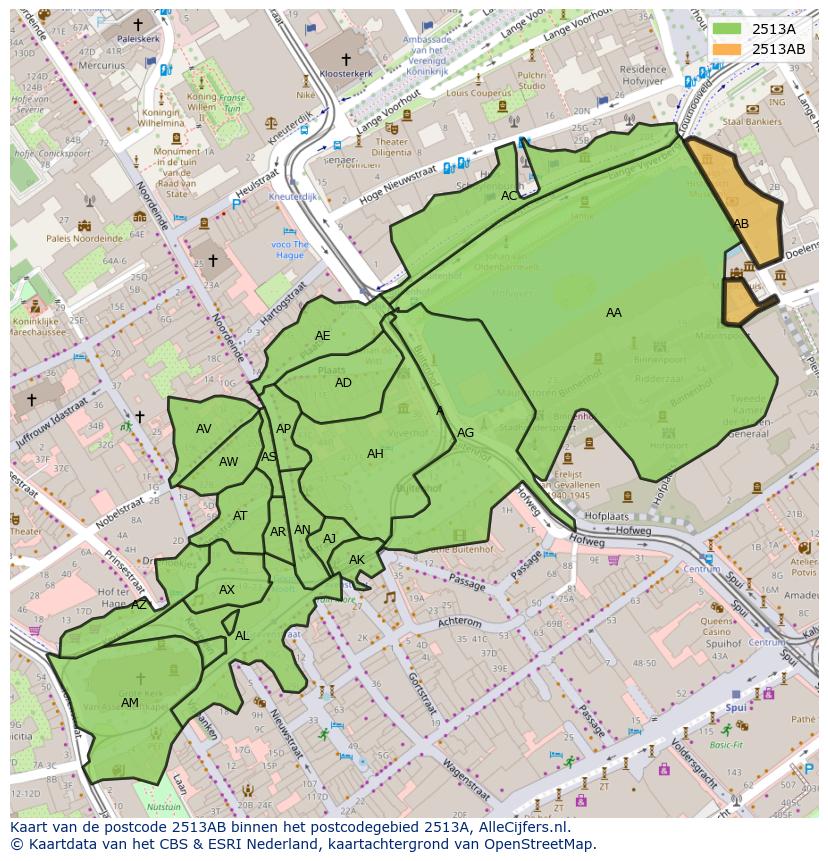 Afbeelding van het postcodegebied 2513 AB op de kaart.