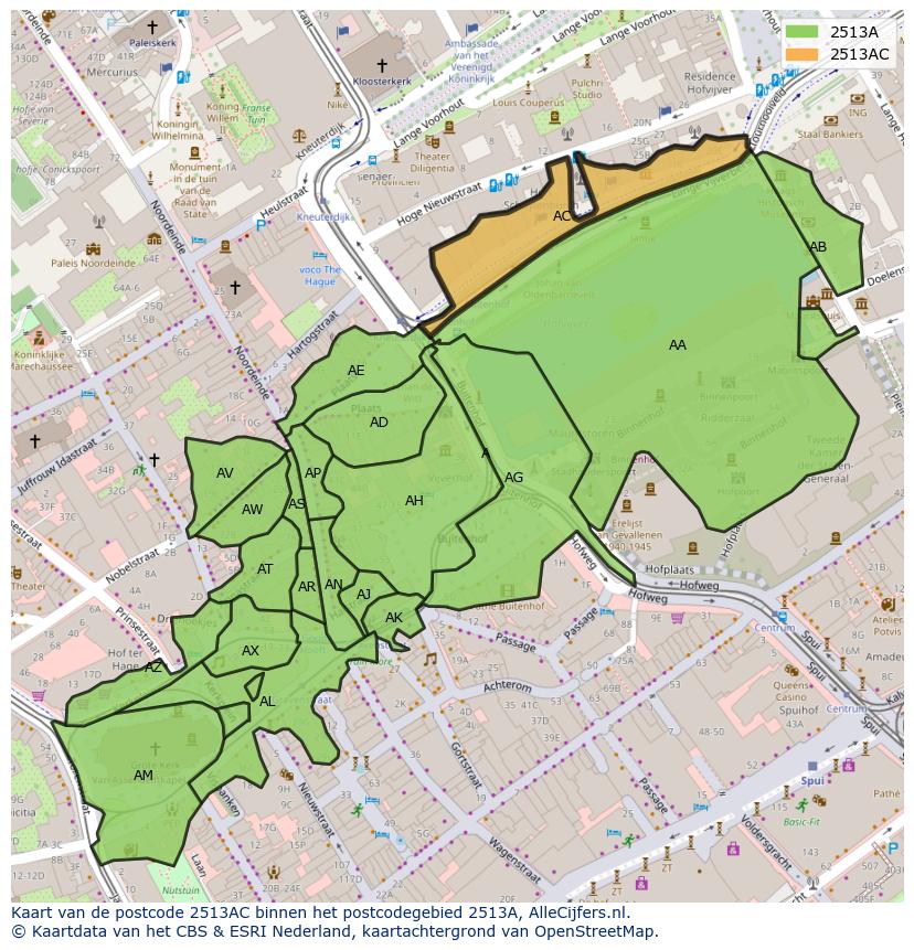 Afbeelding van het postcodegebied 2513 AC op de kaart.
