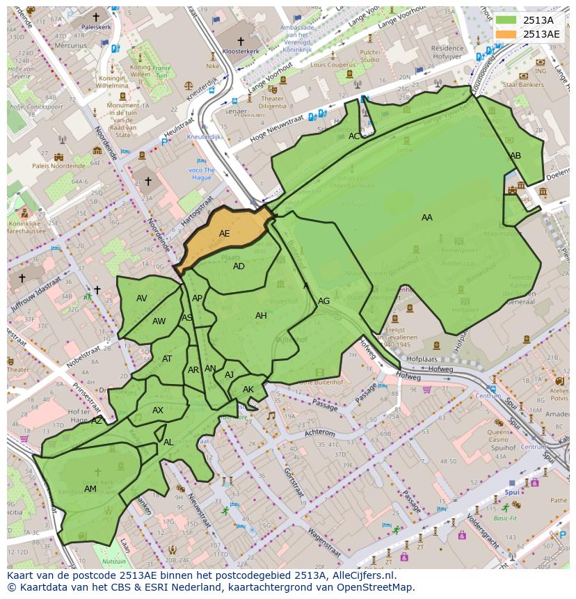 Afbeelding van het postcodegebied 2513 AE op de kaart.