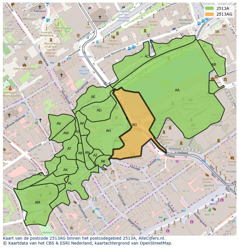 Afbeelding van het postcodegebied 2513 AG op de kaart.