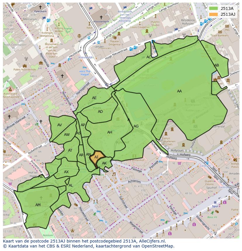 Afbeelding van het postcodegebied 2513 AJ op de kaart.