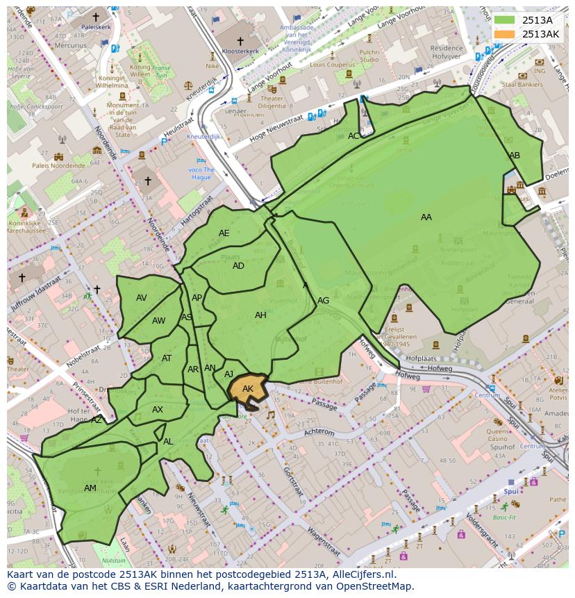 Afbeelding van het postcodegebied 2513 AK op de kaart.
