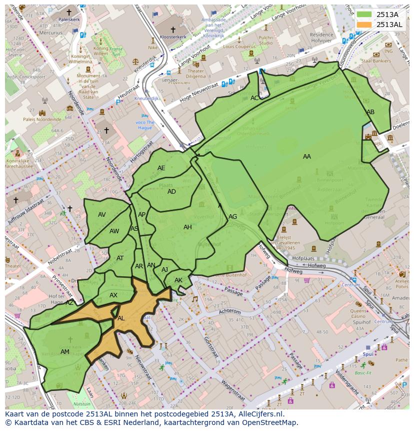 Afbeelding van het postcodegebied 2513 AL op de kaart.