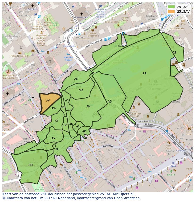 Afbeelding van het postcodegebied 2513 AV op de kaart.