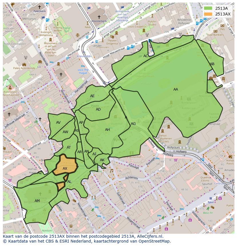 Afbeelding van het postcodegebied 2513 AX op de kaart.