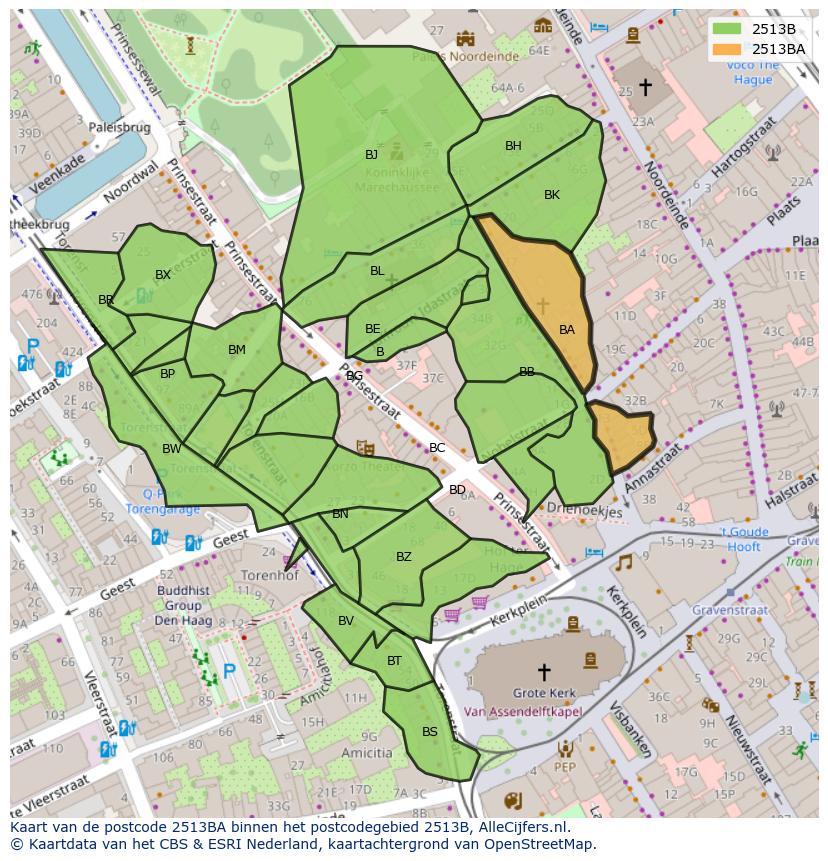 Afbeelding van het postcodegebied 2513 BA op de kaart.