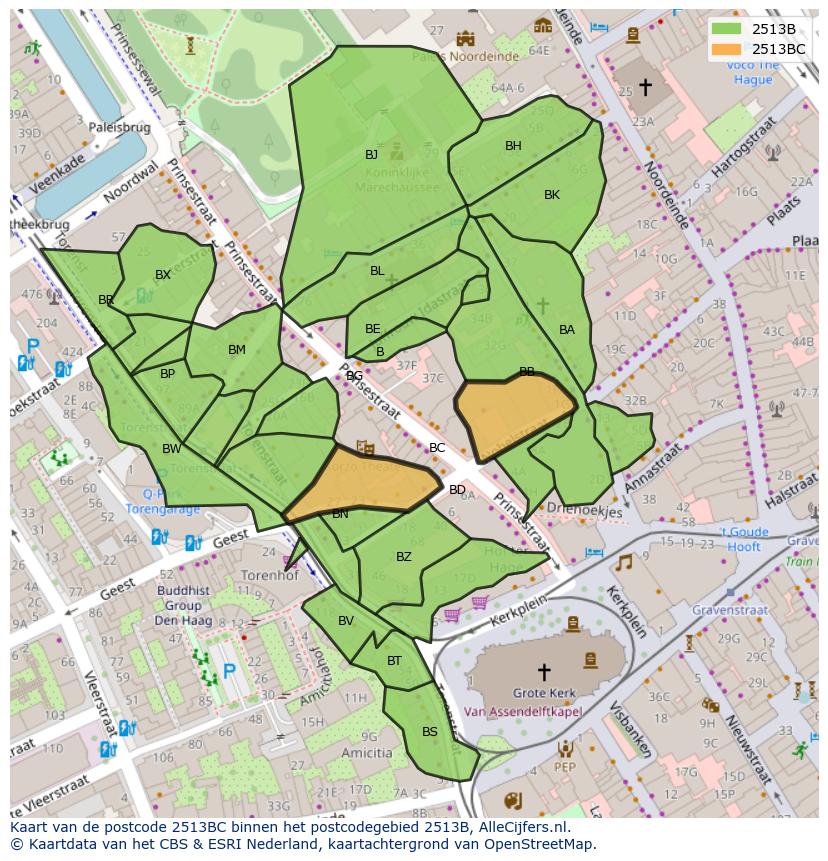 Afbeelding van het postcodegebied 2513 BC op de kaart.