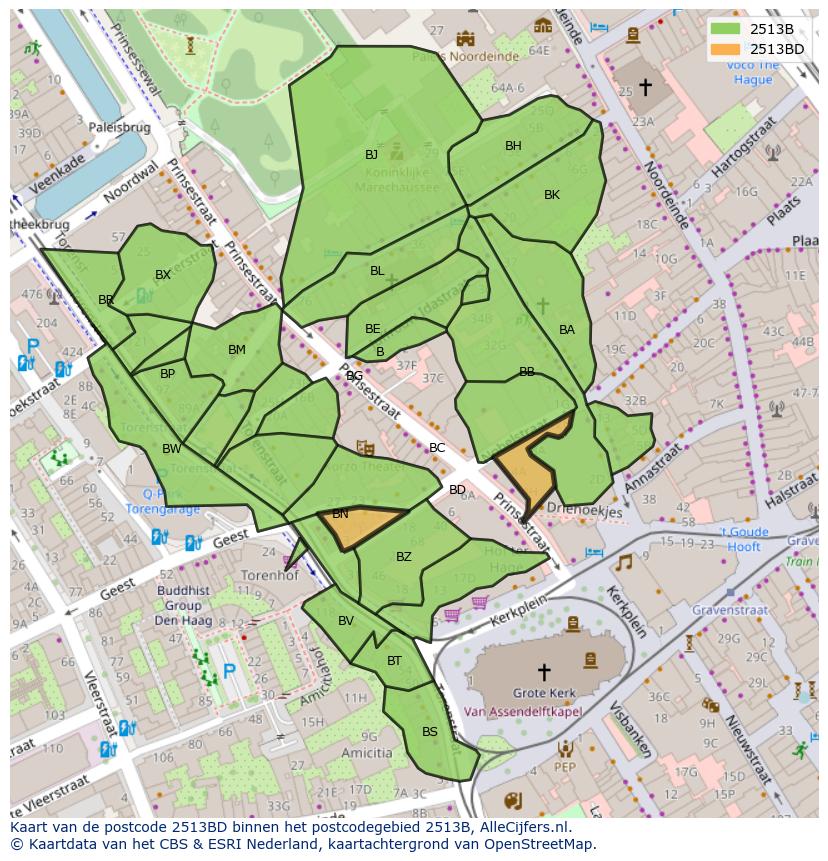 Afbeelding van het postcodegebied 2513 BD op de kaart.
