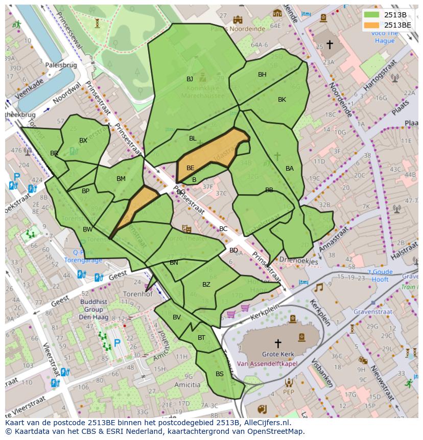 Afbeelding van het postcodegebied 2513 BE op de kaart.