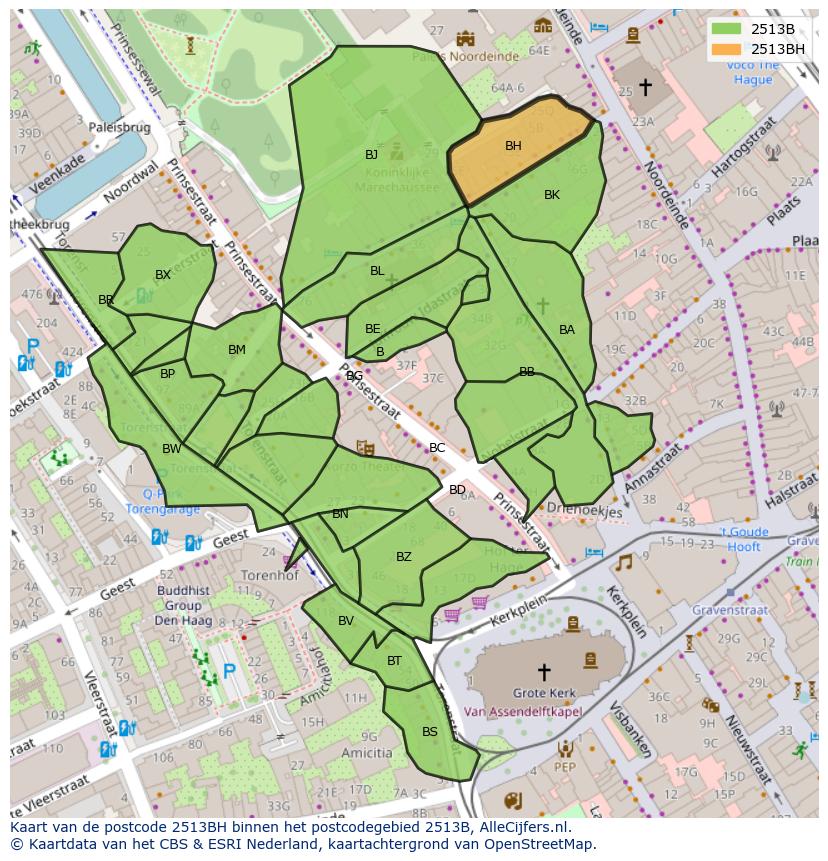 Afbeelding van het postcodegebied 2513 BH op de kaart.