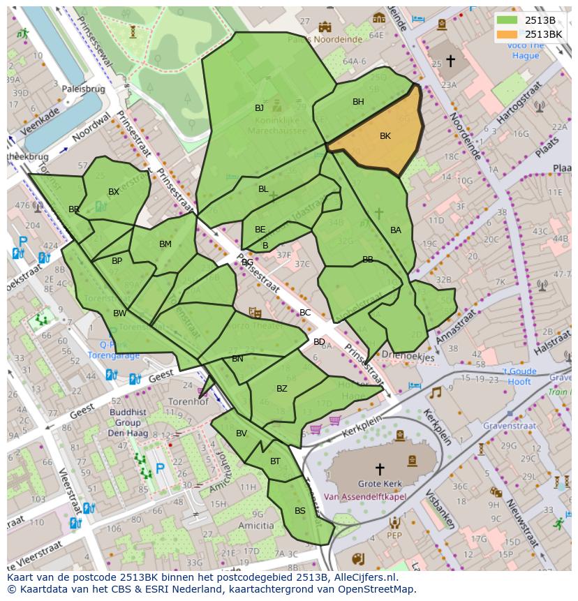 Afbeelding van het postcodegebied 2513 BK op de kaart.