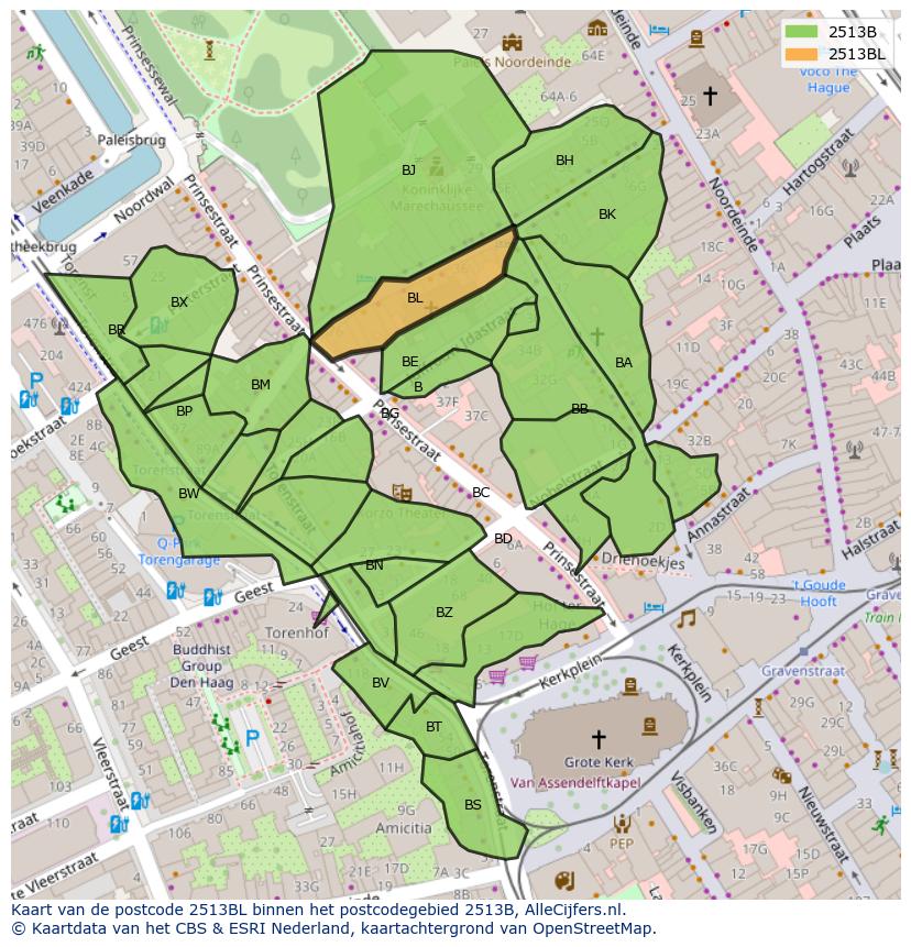 Afbeelding van het postcodegebied 2513 BL op de kaart.