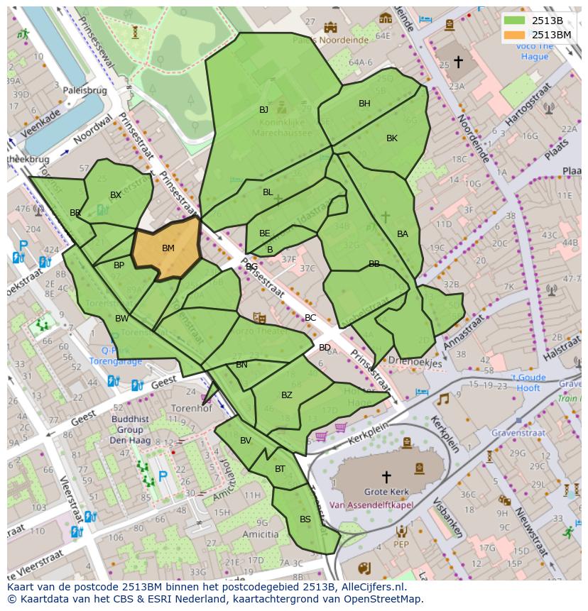 Afbeelding van het postcodegebied 2513 BM op de kaart.