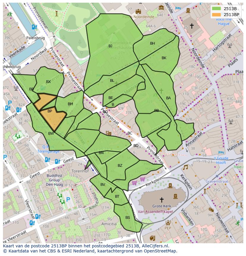 Afbeelding van het postcodegebied 2513 BP op de kaart.