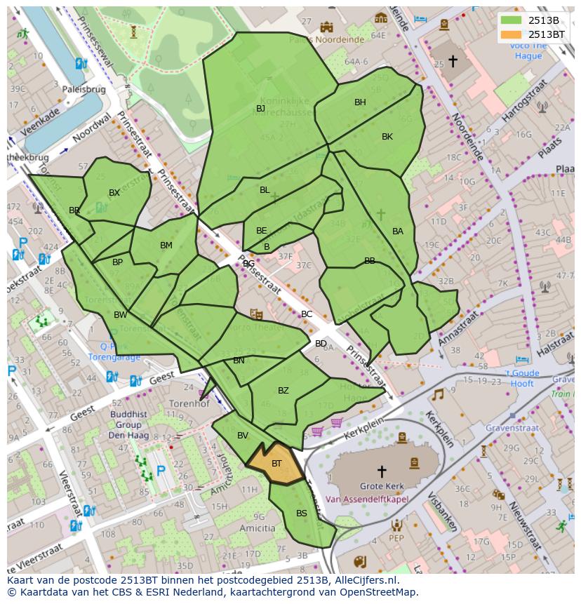 Afbeelding van het postcodegebied 2513 BT op de kaart.