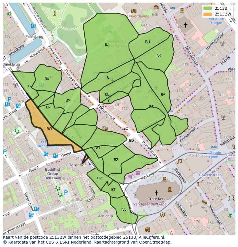 Afbeelding van het postcodegebied 2513 BW op de kaart.