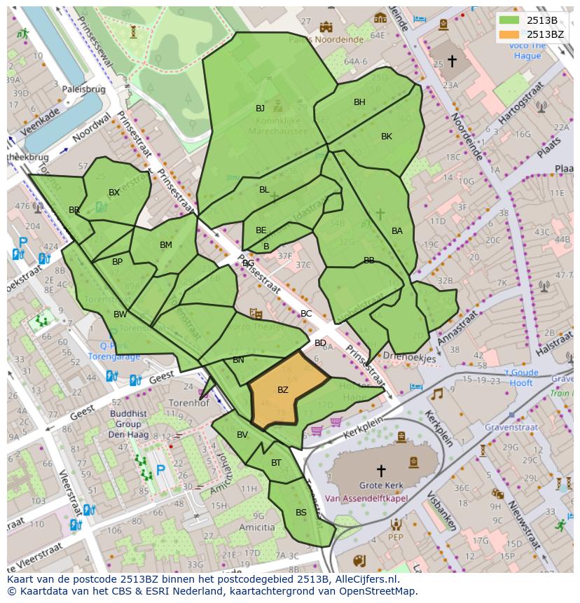 Afbeelding van het postcodegebied 2513 BZ op de kaart.