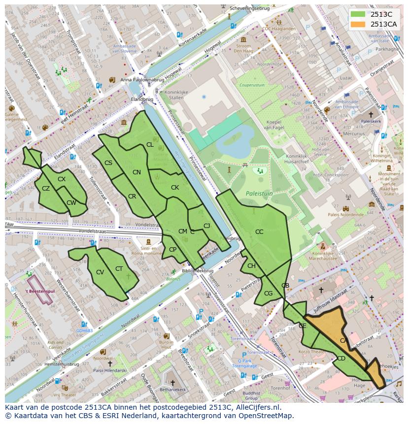 Afbeelding van het postcodegebied 2513 CA op de kaart.