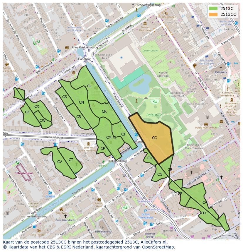 Afbeelding van het postcodegebied 2513 CC op de kaart.