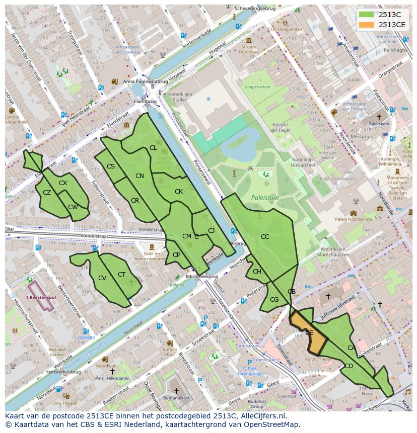 Afbeelding van het postcodegebied 2513 CE op de kaart.