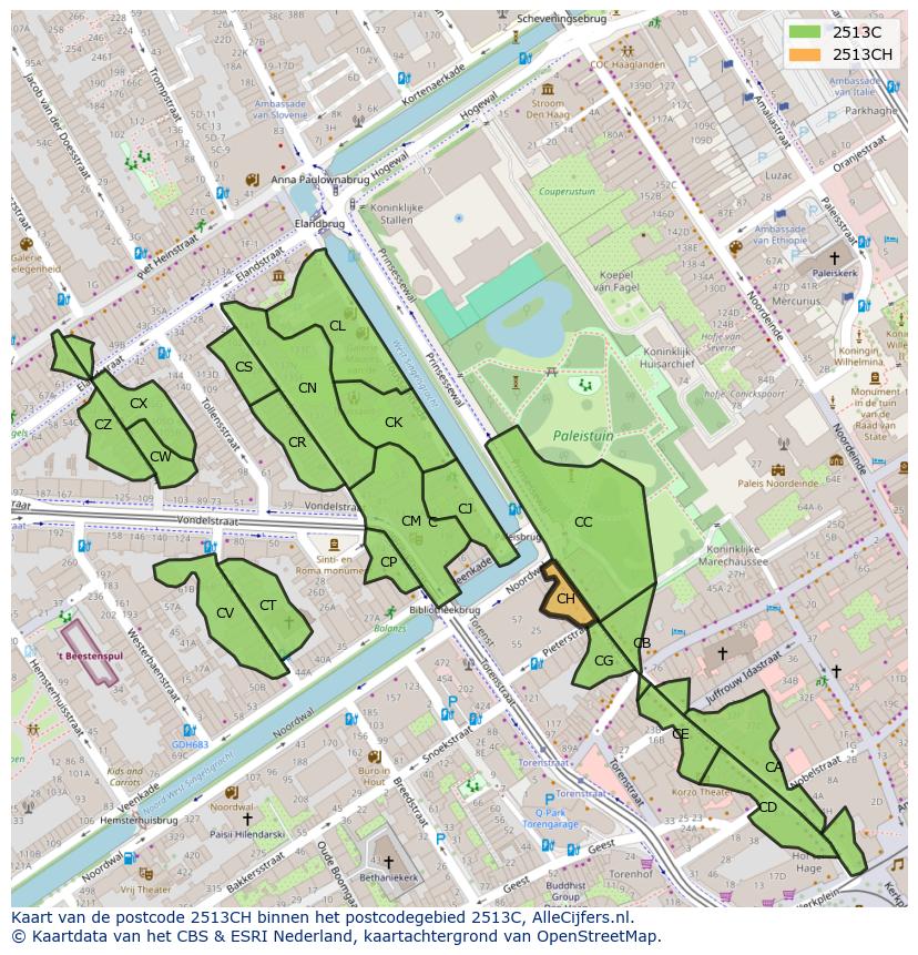 Afbeelding van het postcodegebied 2513 CH op de kaart.