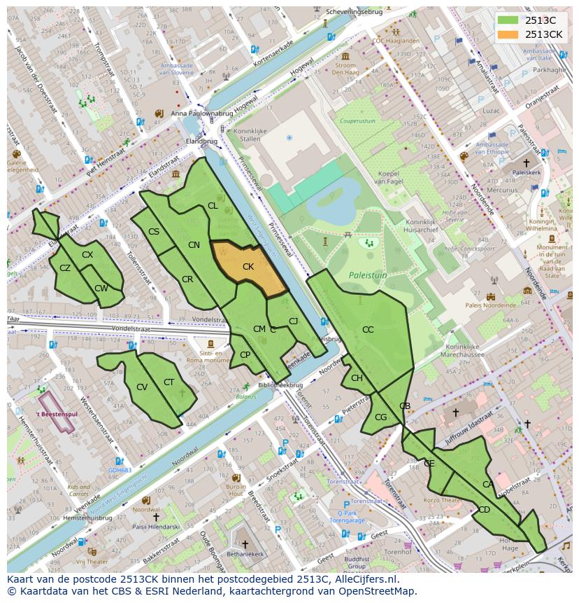 Afbeelding van het postcodegebied 2513 CK op de kaart.