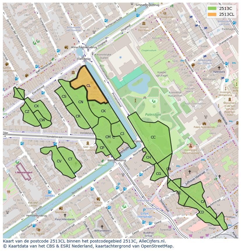 Afbeelding van het postcodegebied 2513 CL op de kaart.