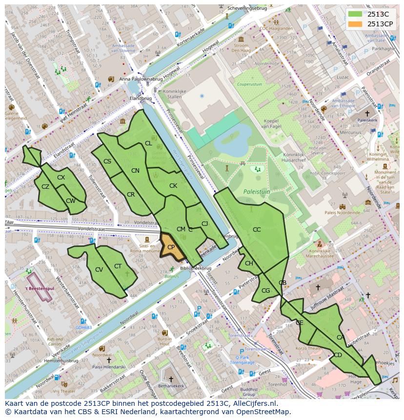 Afbeelding van het postcodegebied 2513 CP op de kaart.