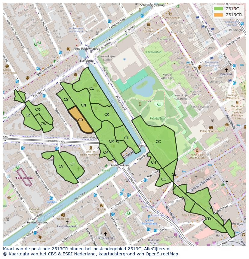 Afbeelding van het postcodegebied 2513 CR op de kaart.