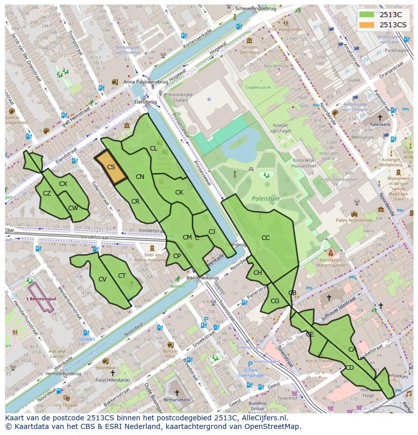 Afbeelding van het postcodegebied 2513 CS op de kaart.