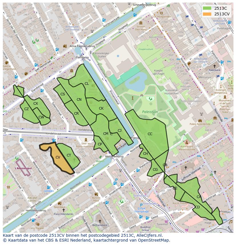 Afbeelding van het postcodegebied 2513 CV op de kaart.