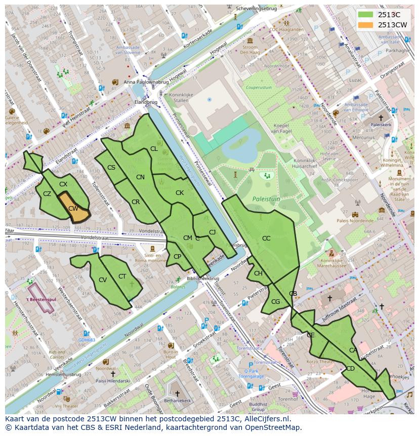 Afbeelding van het postcodegebied 2513 CW op de kaart.